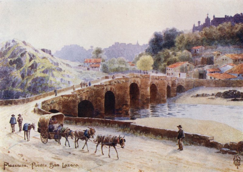 Pohjois-Espanja: Plasencia, Pyhän Lasaruksen silta (väri litho) tekijältä Edgar T. A. Wigram