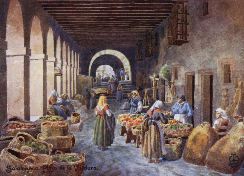 Pohjois-Espanja: Salamanca, Arcades Plaza de la Verdurassa (värilitho) tekijältä Edgar T. A. Wigram