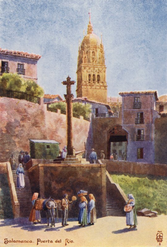 Pohjois-Espanja: Salamanca, Puerta del Rio, katedraalin torni (väri litho) tekijältä Edgar T. A. Wigram