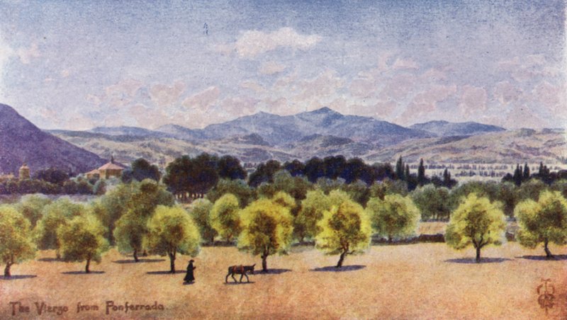Pohjois-Espanja: Vierzo, Ponferradalta, päin Piedrafitan solaa (väri litho) tekijältä Edgar T. A. Wigram