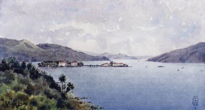 Pohjois-Espanja: Vigo Bay, Sisäsatama, näkymä merelle (väri litho) tekijältä Edgar T. A. Wigram