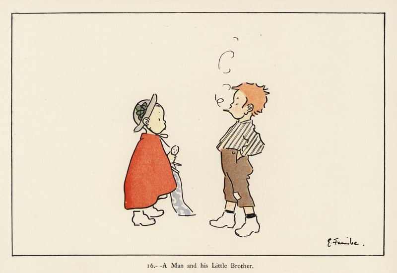 Mies ja hänen pikkuveljensä (väri litho) tekijältä Edith Farmiloe