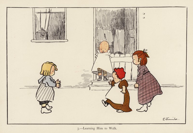 Opi häntä kävelemään (väri litho) tekijältä Edith Farmiloe