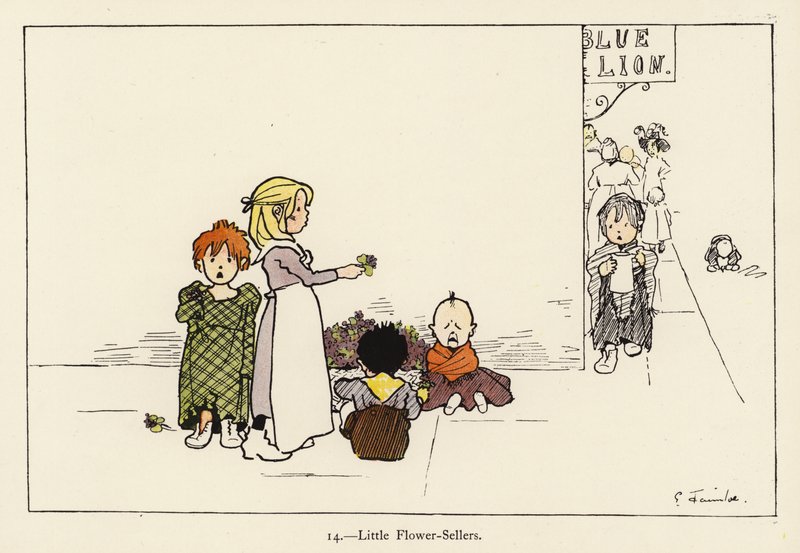 Little Flower-Sellers (väri litho) tekijältä Edith Farmiloe