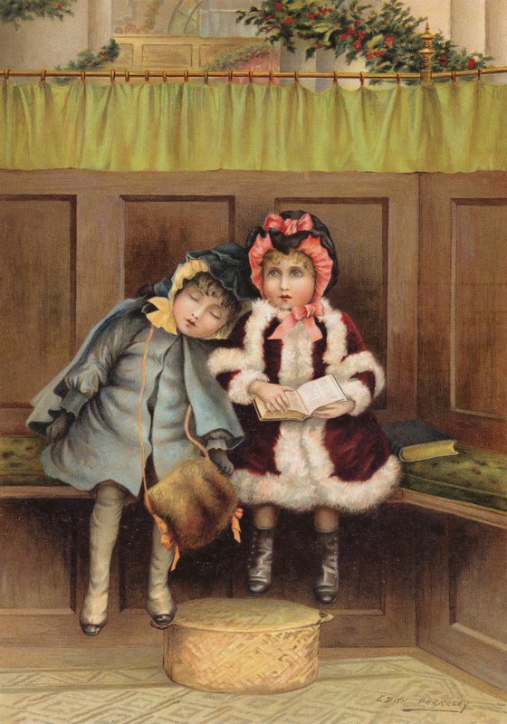 Kaksi tyttöä kirkossa jouluaamuna (chromolitho) tekijältä Edith S. Berkeley