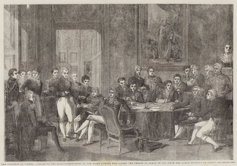 Wienin kongressi, Pariisin sopimuksen allekirjoittaneiden kahdeksan valtion täysivaltaisten edustajien istunto vuonna 1815 tekijältä Edmond Morin