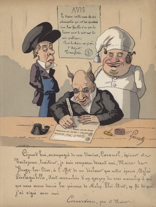 Pormestari kirjoittaa ilmoitusta (väri litho) tekijältä Edmond Lavrate