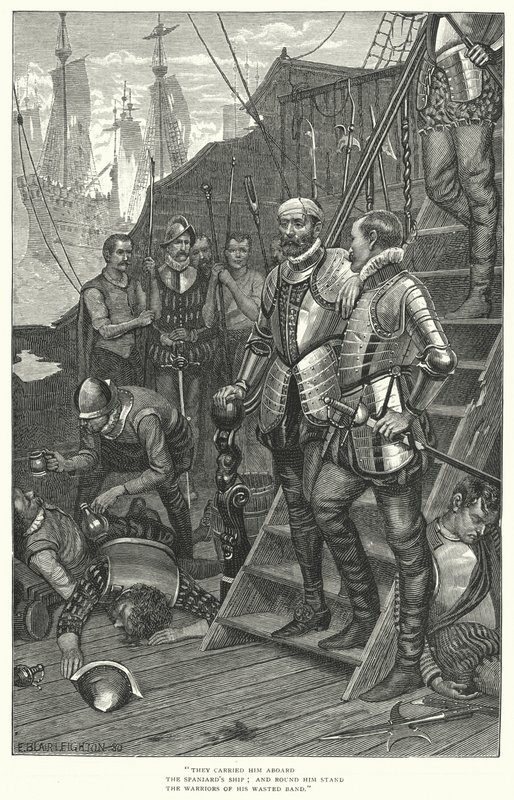 Sir Richard Grenvillen viimeinen taistelu (kaiverrus) tekijältä Edmund Blair (after) Leighton