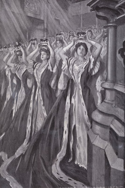 Peeressat laittavat kruununsa kuningatar Alexandran, kuningas Edward VII:n puolison kruunajaisissa, Westminster Abbey, Lontoo tekijältä Edmund Joseph (after) Sullivan