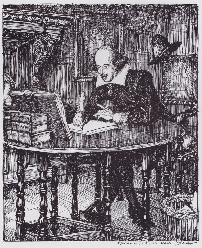 Shakespeare työhuoneessaan (litho) tekijältä Edmund Joseph (after) Sullivan
