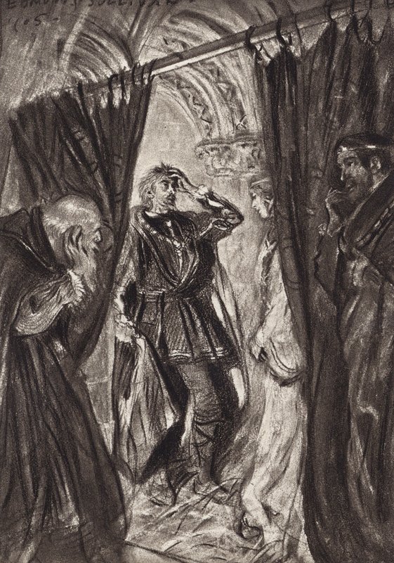 William Shakespeare: Tanskan prinssi Hamletin tragedia, III näytös, 1. kohtaus (litografia). tekijältä Edmund Joseph (after) Sullivan