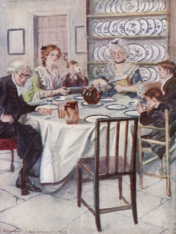 Kuvitus Oliver Goldsmithin teokseen The Vicar of Wakefield (värilitho) tekijältä Edmund Joseph Sullivan