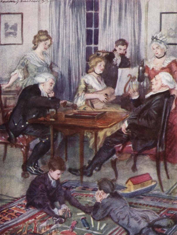 Kuvitus Oliver Goldsmithin teokseen The Vicar of Wakefield (värilitho) tekijältä Edmund Joseph Sullivan