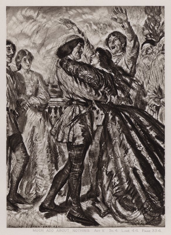 Paljon melua tyhjästä, näytös V, Sc 4 (litho) tekijältä Edmund Joseph Sullivan