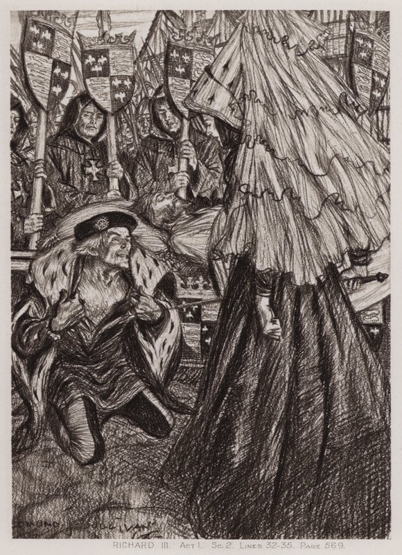 Kuningas Richard III:n tragedia, näytös I, Sc 2 (litho) tekijältä Edmund Joseph Sullivan