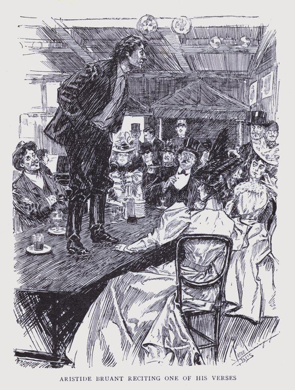 Boheemi Pariisi: Aristide Bruant lausuu yhtä säkeistöstään (litografia). tekijältä Edouard Alfred (1875 1954) Cucuel