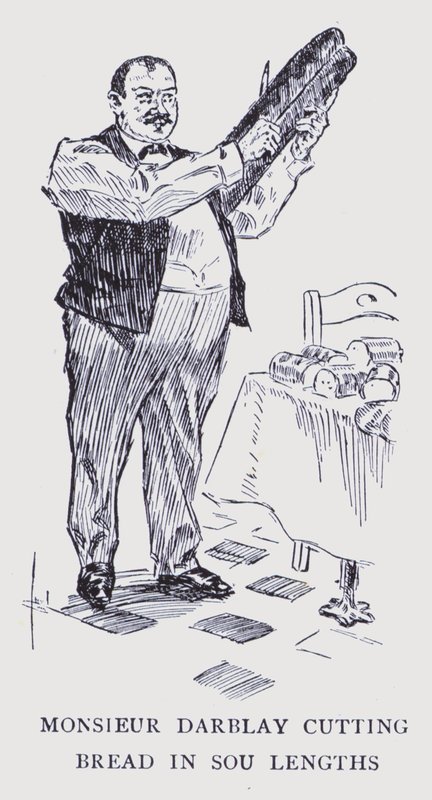 Boheemi Pariisi: Monsieur Darblay leikkaa leipää sou-pituuksiksi (litografia). tekijältä Edouard Alfred (1875 1954) Cucuel