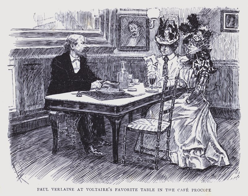 Boheemi Pariisi: Paul Verlaine Voltairen suosikkipöydässä Cafe Procopessa (litografia). tekijältä Edouard Alfred (1875 1954) Cucuel