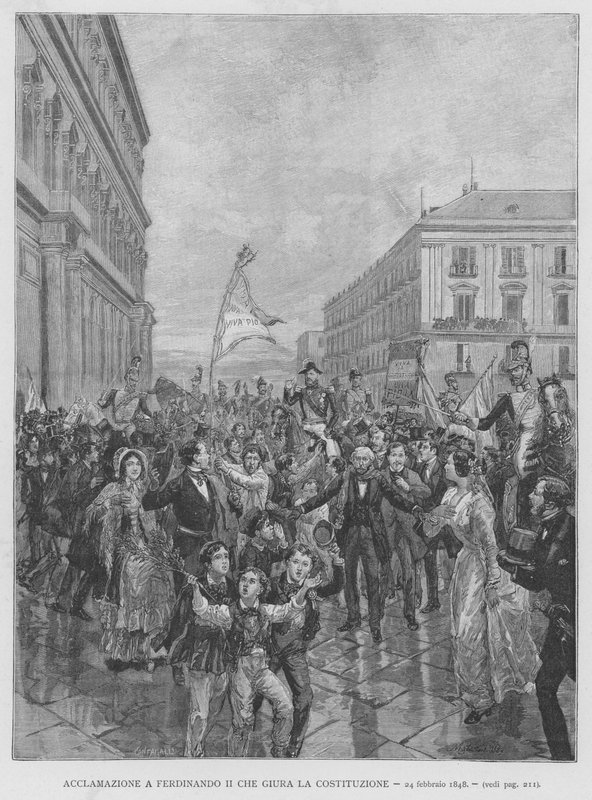 Ylistys Ferdinand II:lle, joka vannoo perustuslain, 24. helmikuuta 1848 (kaiverrus) tekijältä Edouardo Matania