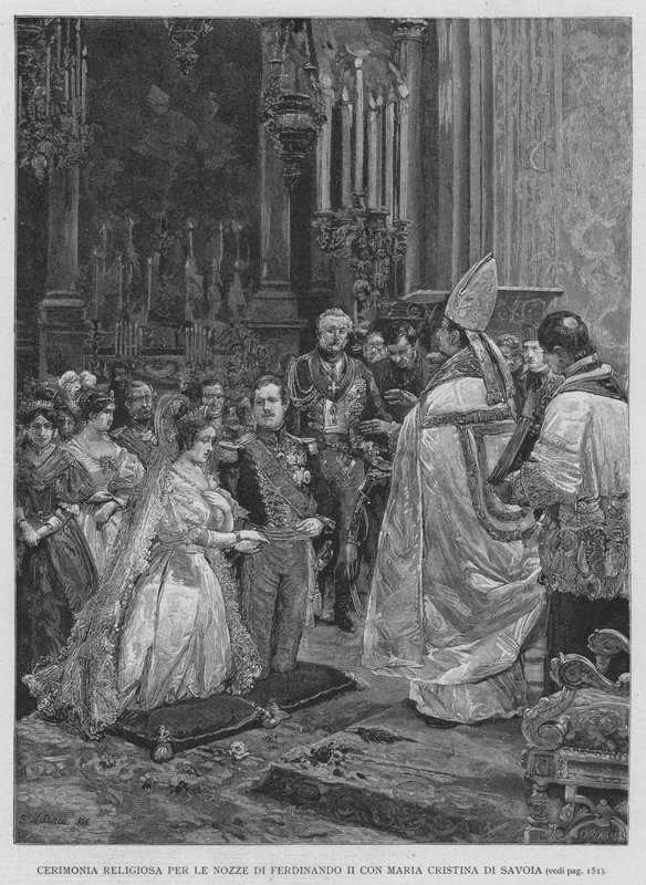 Ferdinand II:n häiden uskonnollinen seremonia Savoylaisen Maria Cristinan kanssa (kaiverrus) tekijältä Edouardo Matania