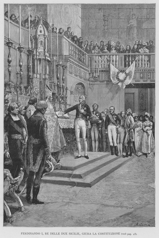 Ferdinand I, kahden Sisilian kuningas, vannoo perustuslain (kaiverrus) tekijältä Edouardo Matania