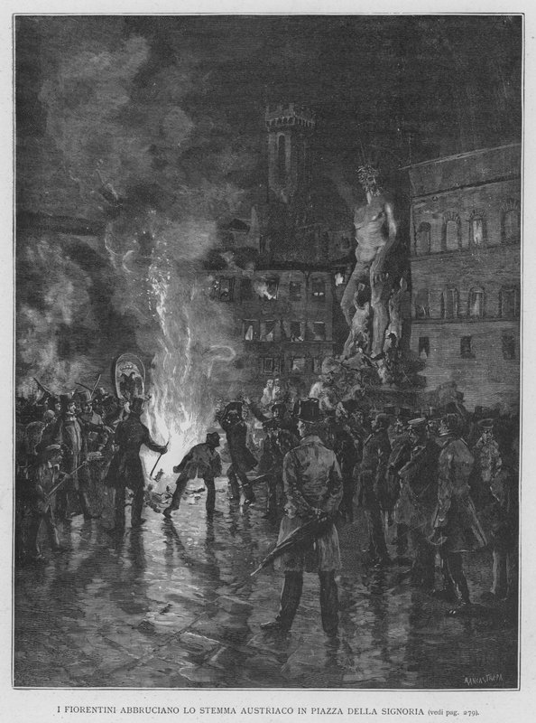 Firenzen Abbruciano Itävallan vaakuna Piazza Della Signorialla (kaiverrus) tekijältä Edouardo Matania