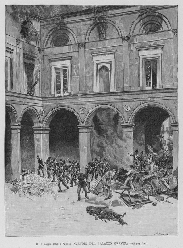 15. toukokuuta 1848 Napolissa, Gravinan palatsin tuli (kaiverrus) tekijältä Edouardo Matania