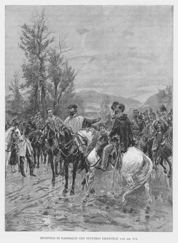 Garibaldin tapaaminen Vittorio Emanuelen kanssa (kaiverrus) tekijältä Edouardo Matania