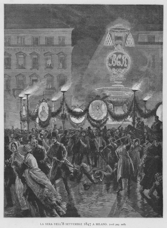 Ilta 8. syyskuuta 1847 Milanossa (kaiverrus) tekijältä Edouardo Matania