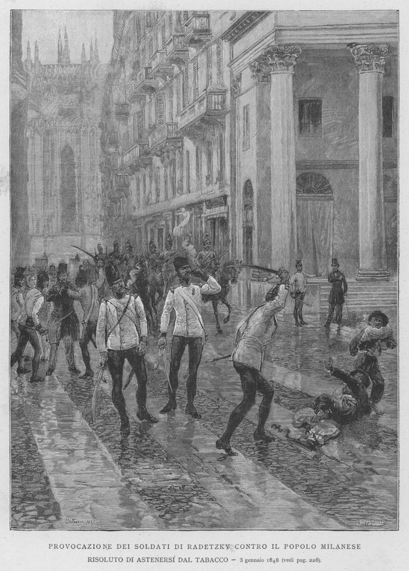Radetzkyn sotilaiden provosointi milanolaisia ​​vastaan, päätettiin pidättäytyä tupakasta, 3. tammikuuta 1848 (kaiverrus) tekijältä Edouardo Matania