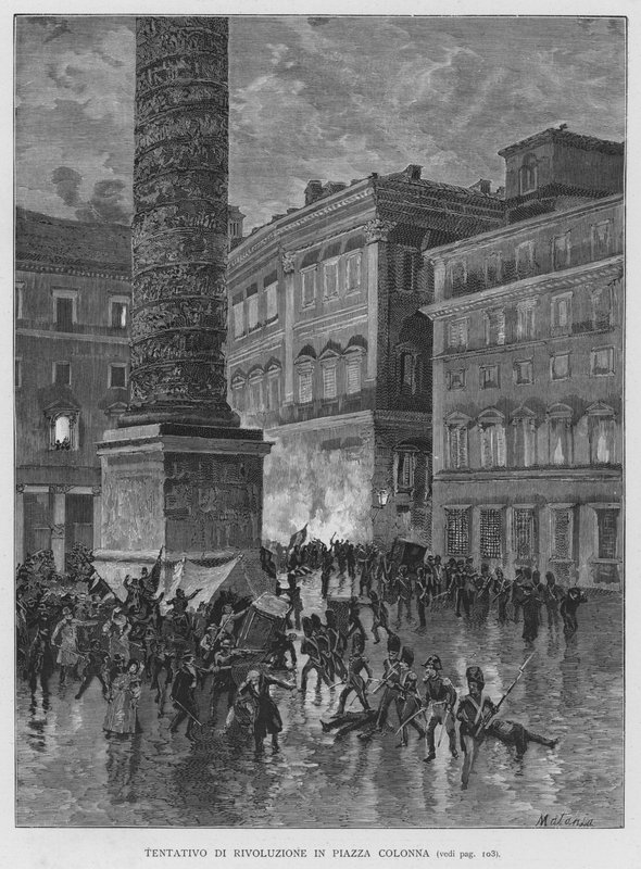Vallankumousyritys Piazza Colonnalla (kaiverrus) tekijältä Edouardo Matania