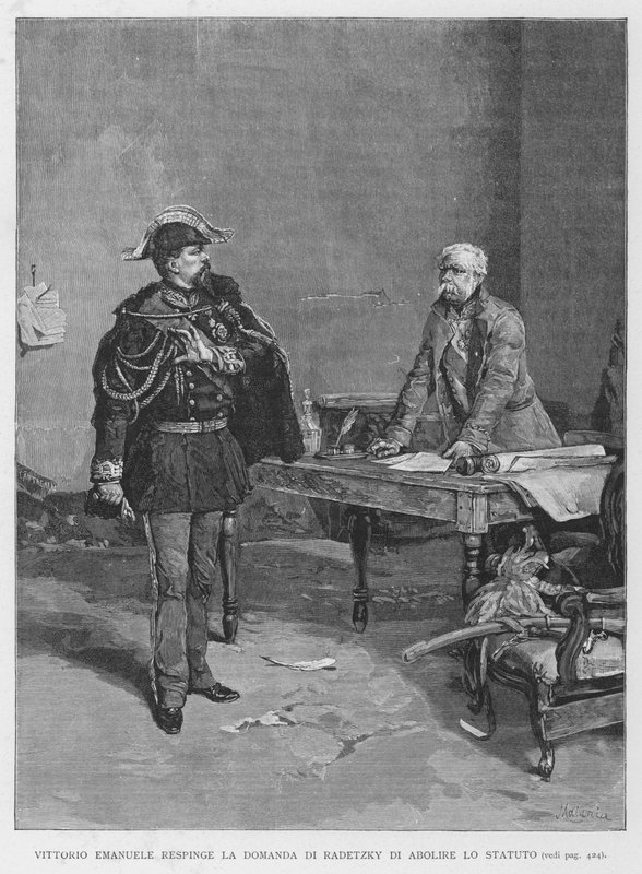 Vittorio Emanuele hylkää Radetzkyn pyynnön perussäännön kumoamisesta (kaiverrus) tekijältä Edouardo Matania
