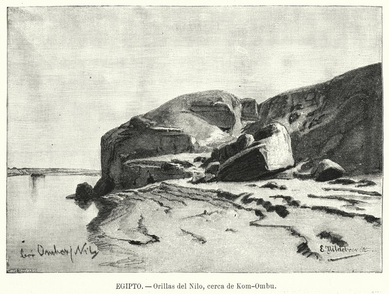 Niilin rannat lähellä Kom Omboa, Egypti (litho) tekijältä Eduard (after) Hildebrandt