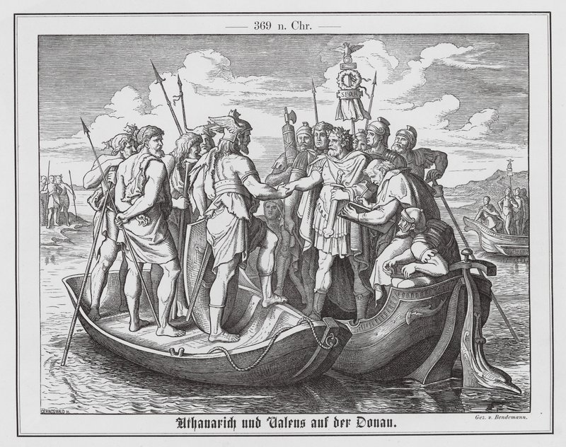 Rooman keisari Valensin ja länsigoottien kuningas Athanaricin tapaaminen Tonavalla, 369 (kaiverrus). tekijältä Eduard Bendemann