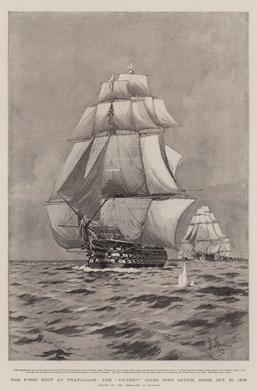 Ensimmäinen laukaus Trafalgarissa, voitto käynnistyy, keskipäivällä, 21. lokakuuta 1805 tekijältä Eduardo de Martino