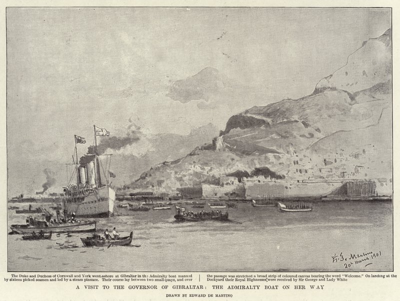 Vierailu Gibraltarin kuvernöörin luona, Admiralty-vene matkalla (litho) tekijältä Eduardo de Martino