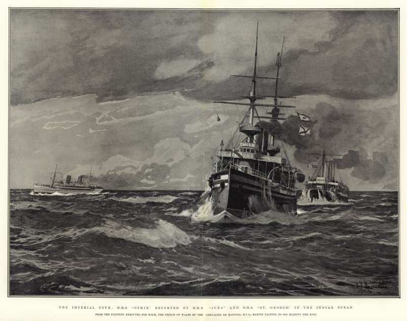 Imperial Tour, H M S Ophir, jota seuraavat H M S Juno ja H M S St George, Intian valtamerellä. tekijältä Eduardo de Martino