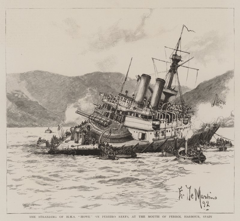 HMS Howen rantautuminen Pereiro-riutoille Ferrolin sataman suulla Espanjassa. tekijältä Eduardo de Martino