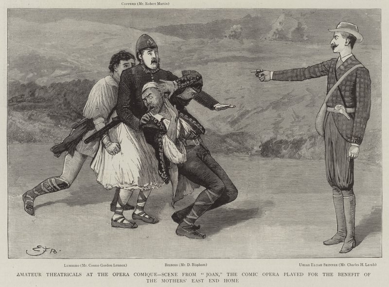 Amatööriteatterit Opera Comiquessa, kohtaus Joanista, sarjakuvaooppera näytettiin äitien East Endin kodin hyväksi tekijältä Edward Frederick Brewtnall