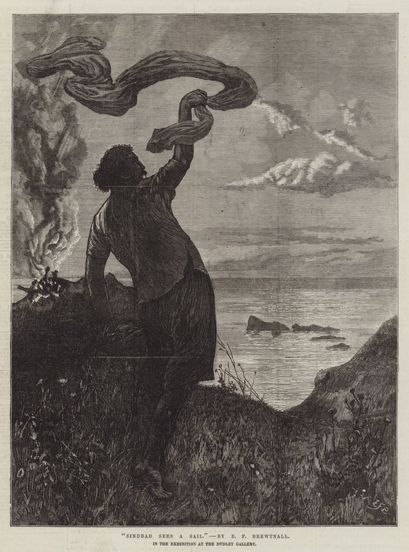 Sindbad näkee purjeen Dudley Galleryn näyttelyssä tekijältä Edward Frederick Brewtnall
