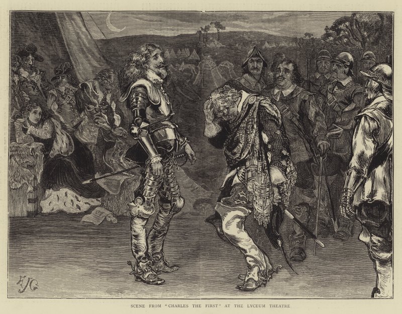 Kohtaus elokuvasta Kaarle ensimmäinen Lyceum-teatterissa tekijältä Edward John Gregory