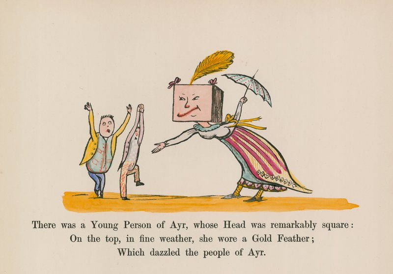 Oli eräs nuori henkilö Ayrista, jonka pää oli huomattavan neliömäinen (värillinen kaiverrus). tekijältä Edward (after) Lear