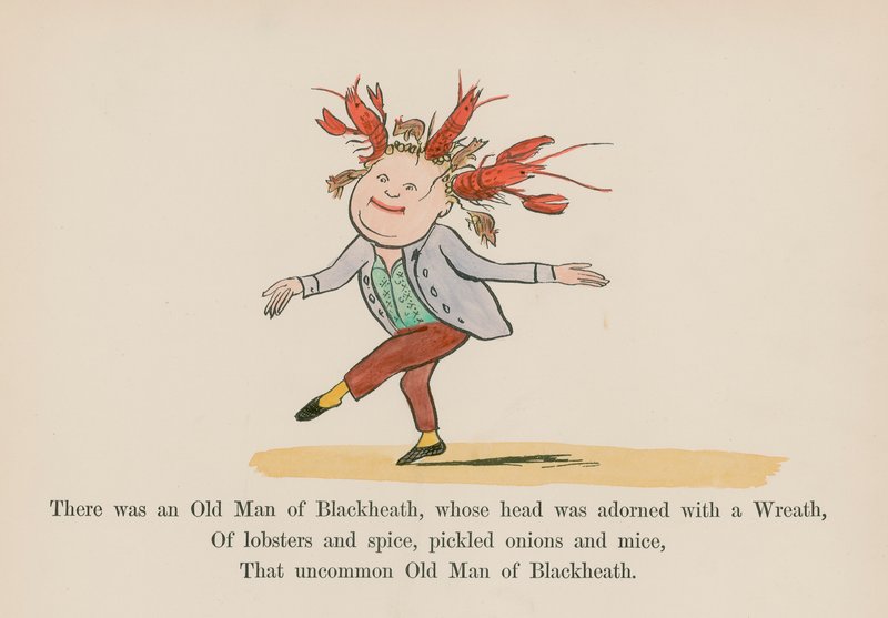 Oli eräs Blackheathin vanhus, jonka päätä koristi seppele (värillinen kaiverrus). tekijältä Edward (after) Lear