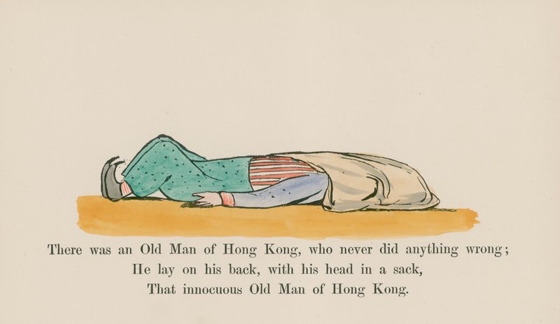 Olipa kerran Hong Kongin vanha mies, joka ei koskaan tehnyt mitään väärää (värillinen kaiverrus). tekijältä Edward (after) Lear