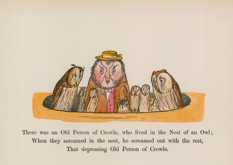 Olipa kerran Crowlen vanha ihminen, joka asui pöllön pesässä (värillinen kaiverrus). tekijältä Edward (after) Lear