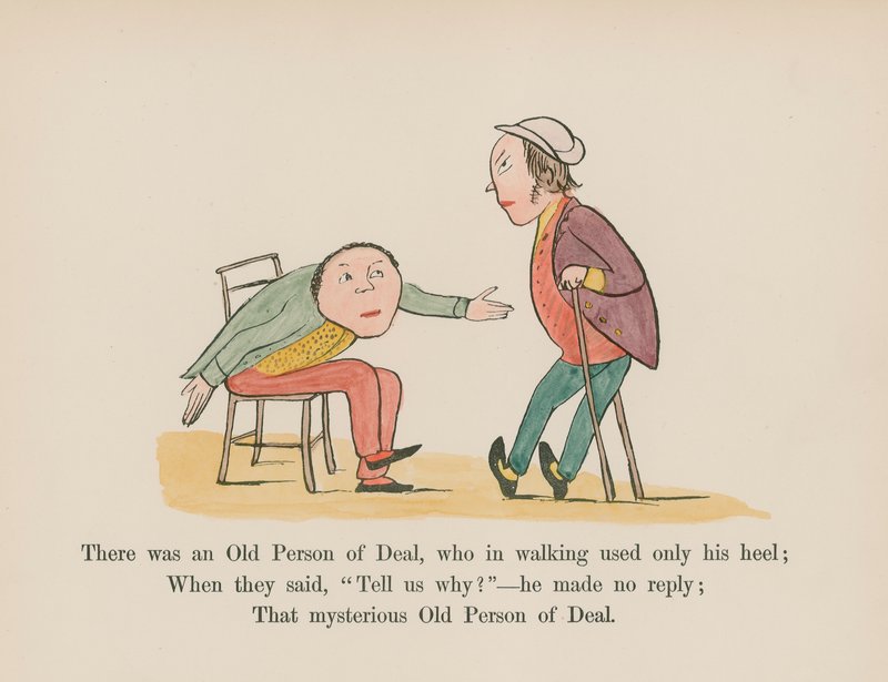 Oli eräs vanhus, joka käytti kävellessään vain kantapäätään (värillinen kaiverrus). tekijältä Edward (after) Lear
