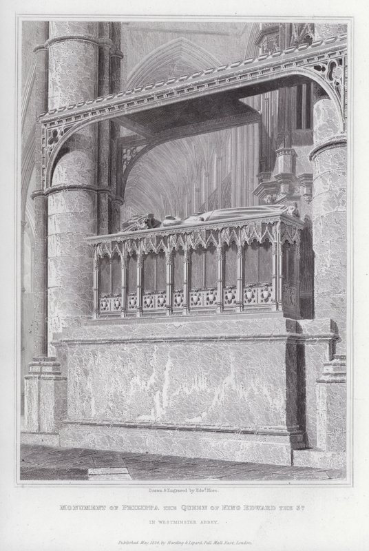 Kuningas Edward 3:n kuningattaren Philippan muistomerkki Westminster Abbeyssa (kaiverrus) tekijältä Edward Blore