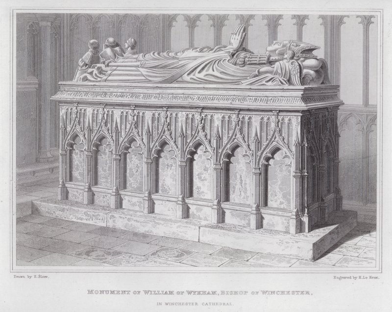 Winchesterin piispan William of Wykhamin muistomerkki Winchesterin katedraalissa (kaiverrus) tekijältä Edward Blore