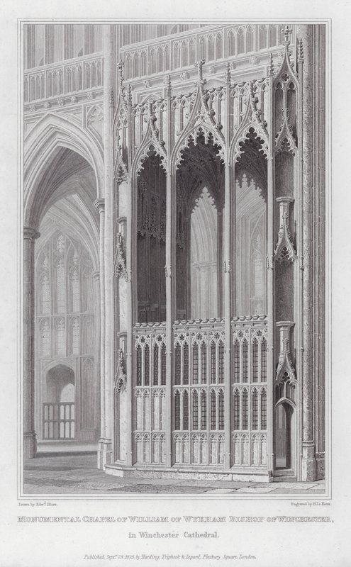 Monumentaalinen kappeli William of Wykhamin piispan Winchesterissä, Winchesterin katedraalissa (kaiverrus) tekijältä Edward Blore