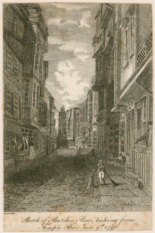 Piirros Butcher Rowsta katsottuna Temple Barista, 9. kesäkuuta 1796 tekijältä Edward Dayes